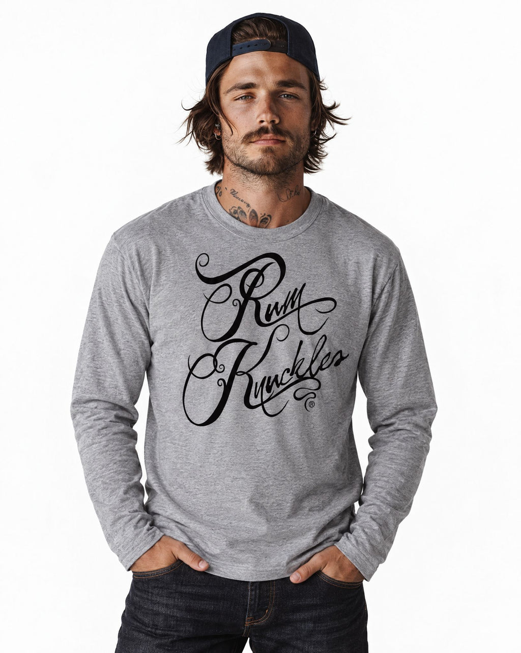 RUM KNUCKLES RK SCRIPT Long Sleeve Tee - Heather Grey - model front