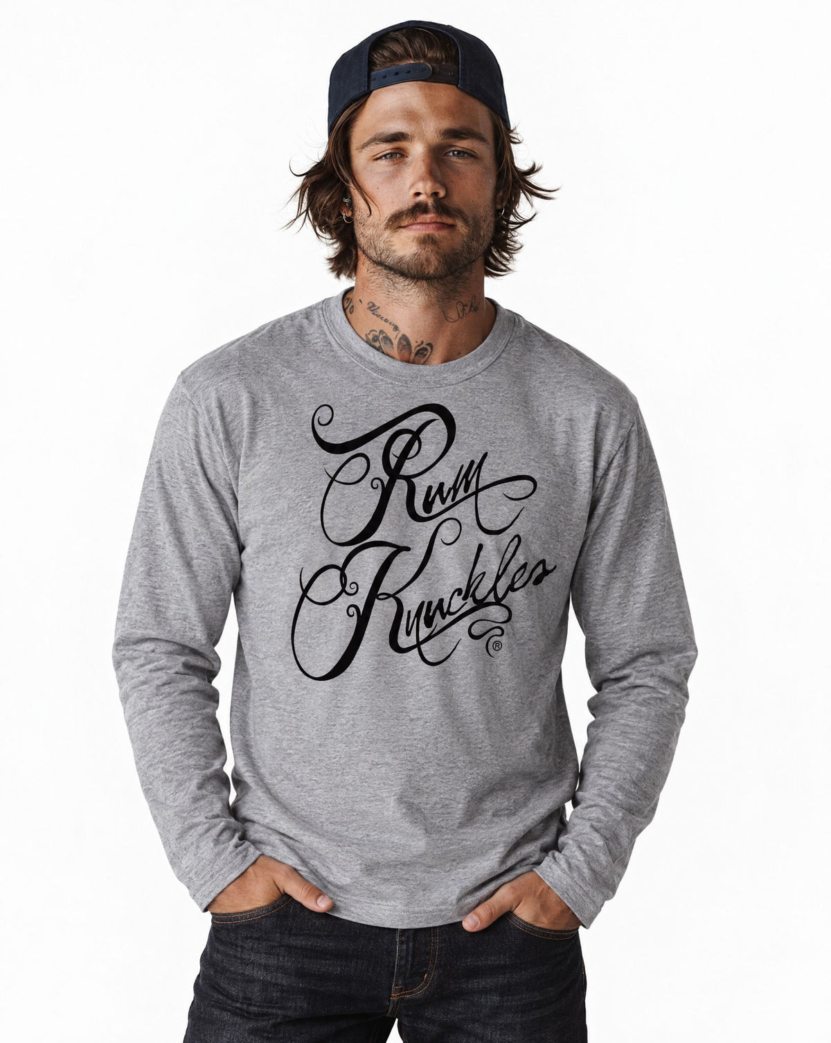 RUM KNUCKLES RK SCRIPT Long Sleeve Tee - Heather Grey - model front