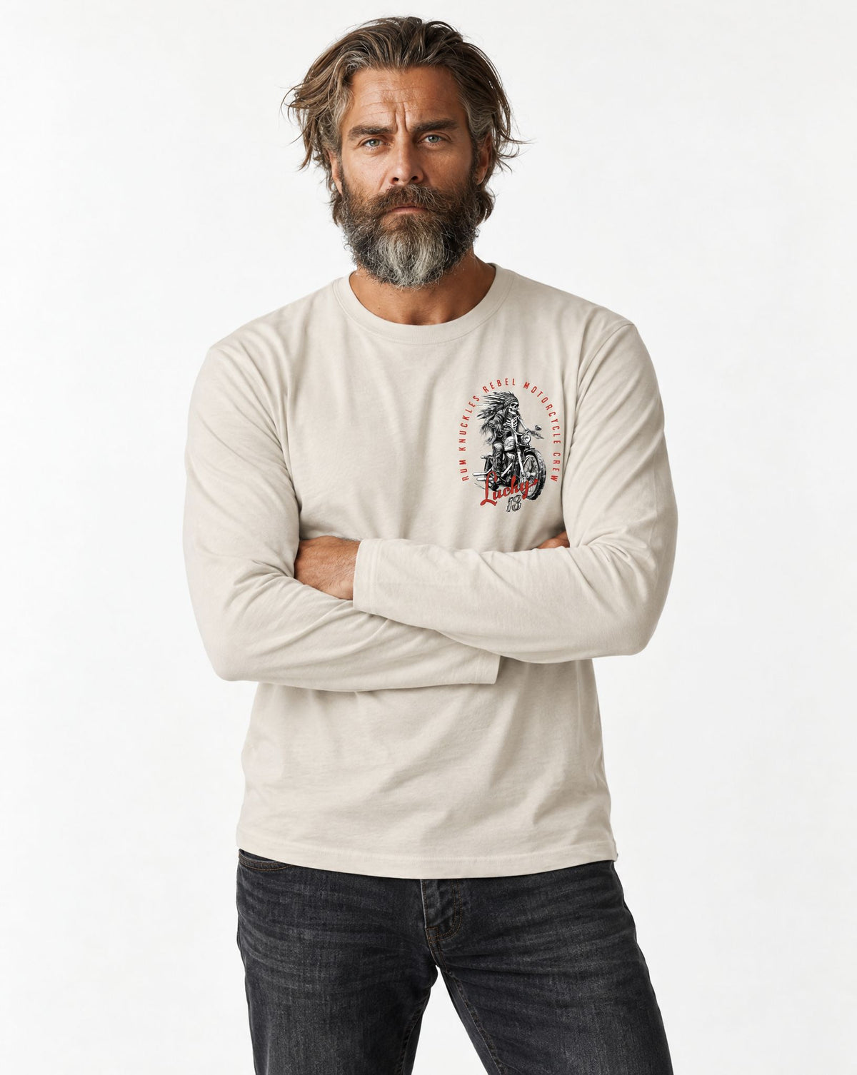 RUM KNUCKLES LUCKY 13 MOTO Long Sleeve Tee - Ecru - model front