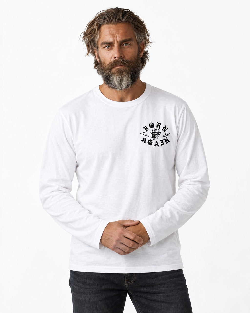 RUM KNUCKLES RK BORN AGAIN Long Sleeve Tee - White - model front