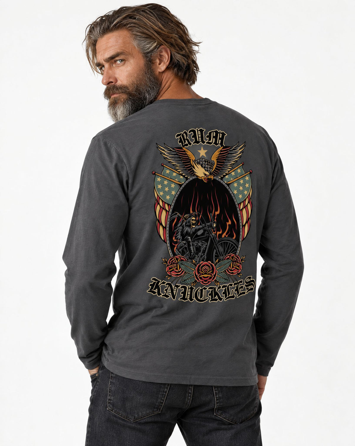RUM KNUCKLES RK EAGLE BIKER Long Sleeve Tee - Charcoal - model back