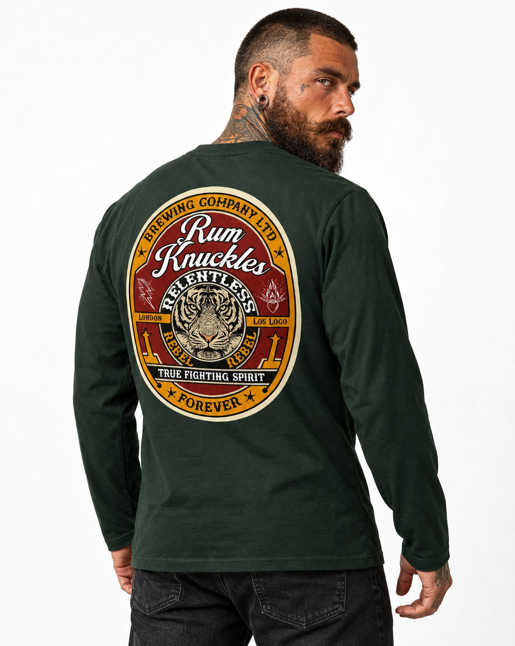 RUM KNUCKLES TRUE FIGHTING SPIRIT Long Sleeve Tee - Forest Green - model back