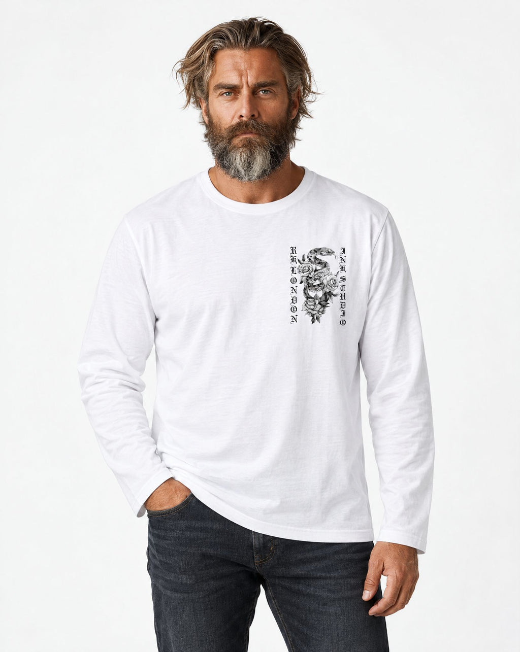 RUM KNUCKLES SNAKE INK Long Sleeve Tee - White - model front