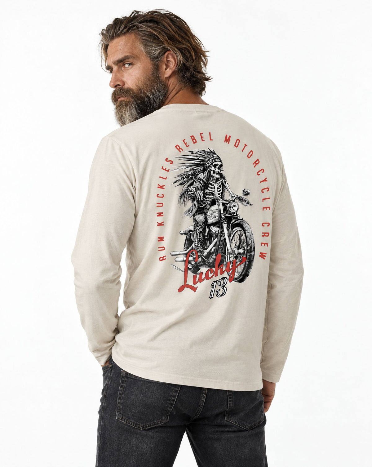 RUM KNUCKLES LUCKY 13 MOTO Long Sleeve Tee - Ecru - model back