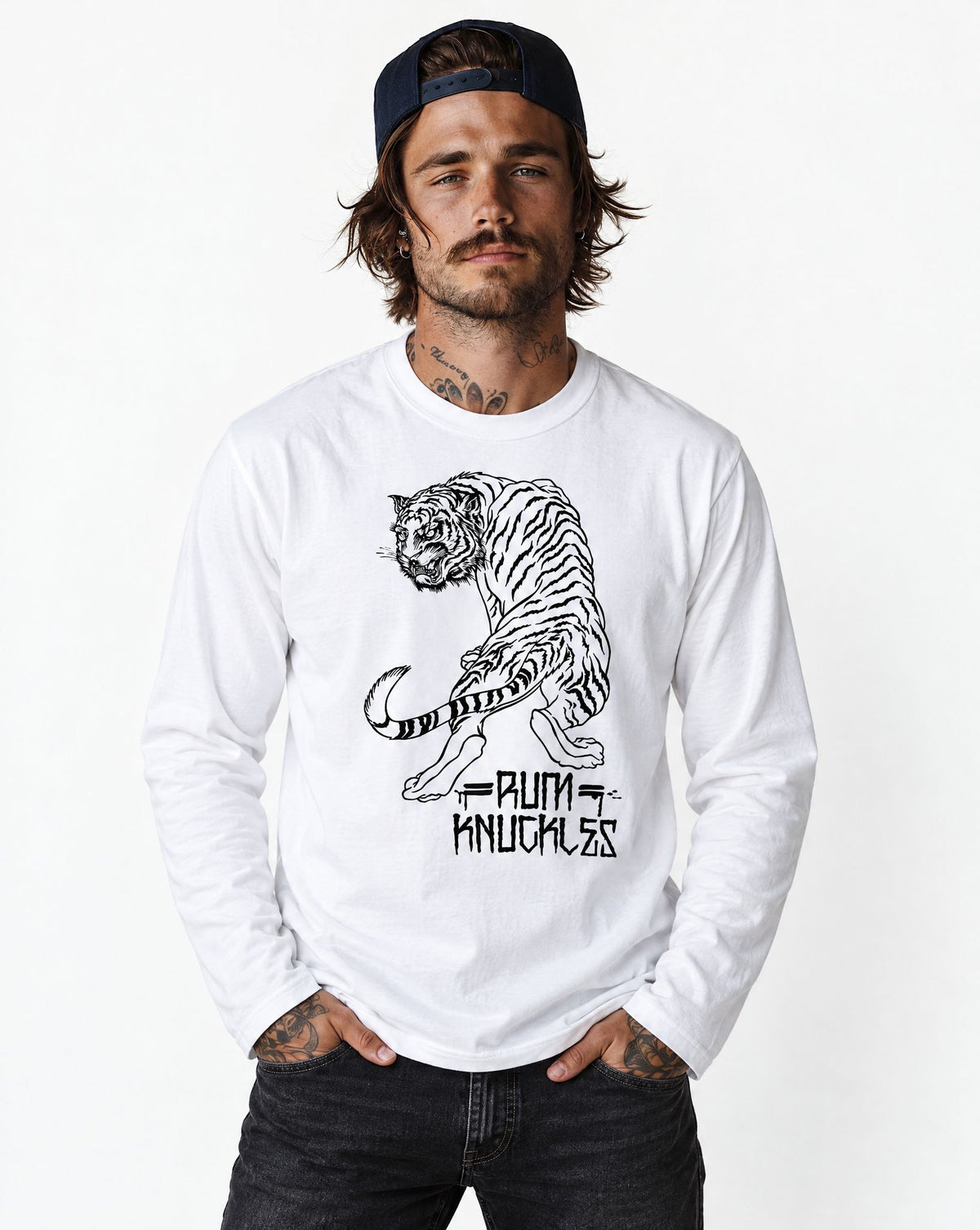 RUM KNUCKLES RK TIGER STRIPES Long Sleeve Tee - White - model front
