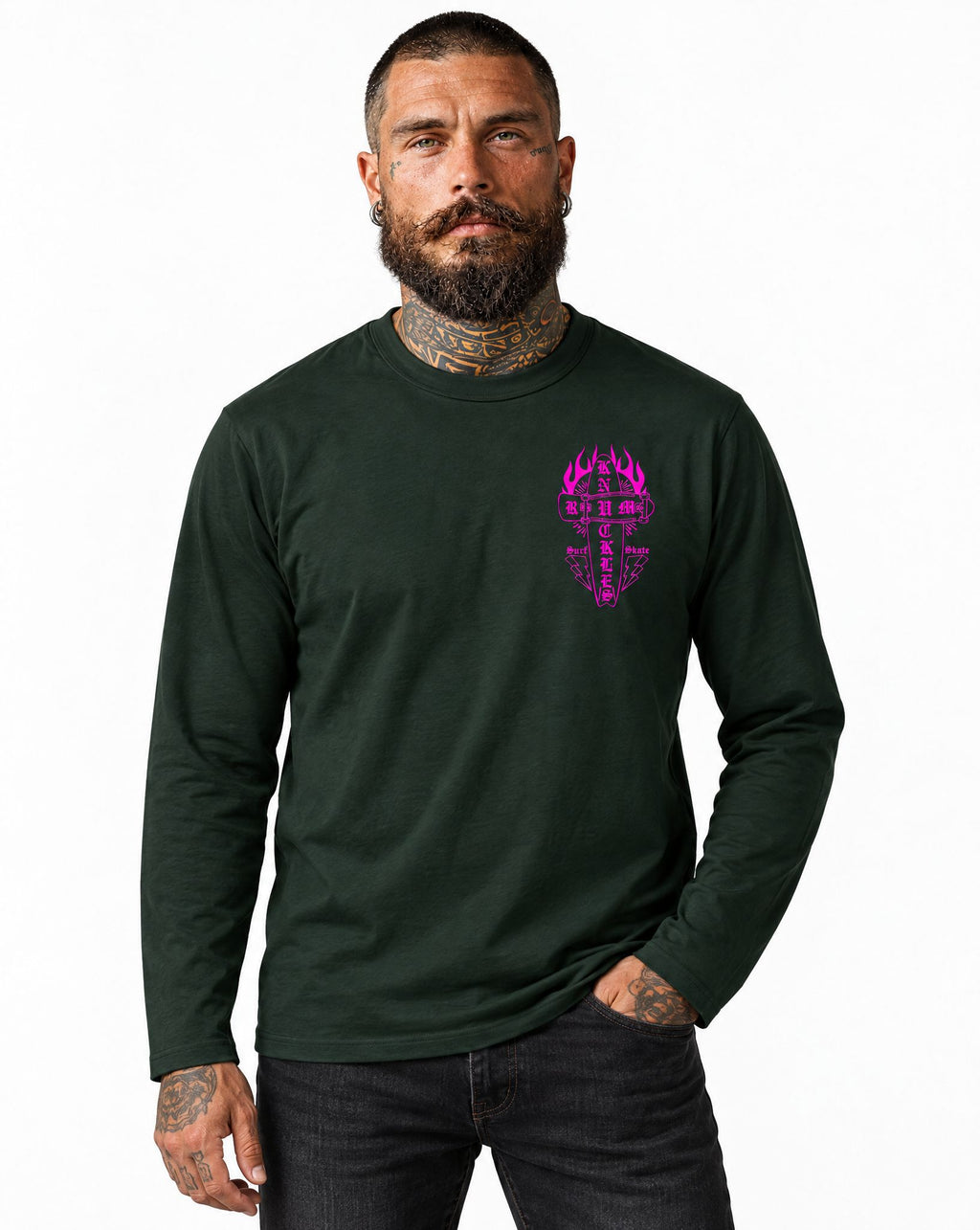 RUM KNUCKLES SKATE RATS Long Sleeve Tee - Forest Green - model front