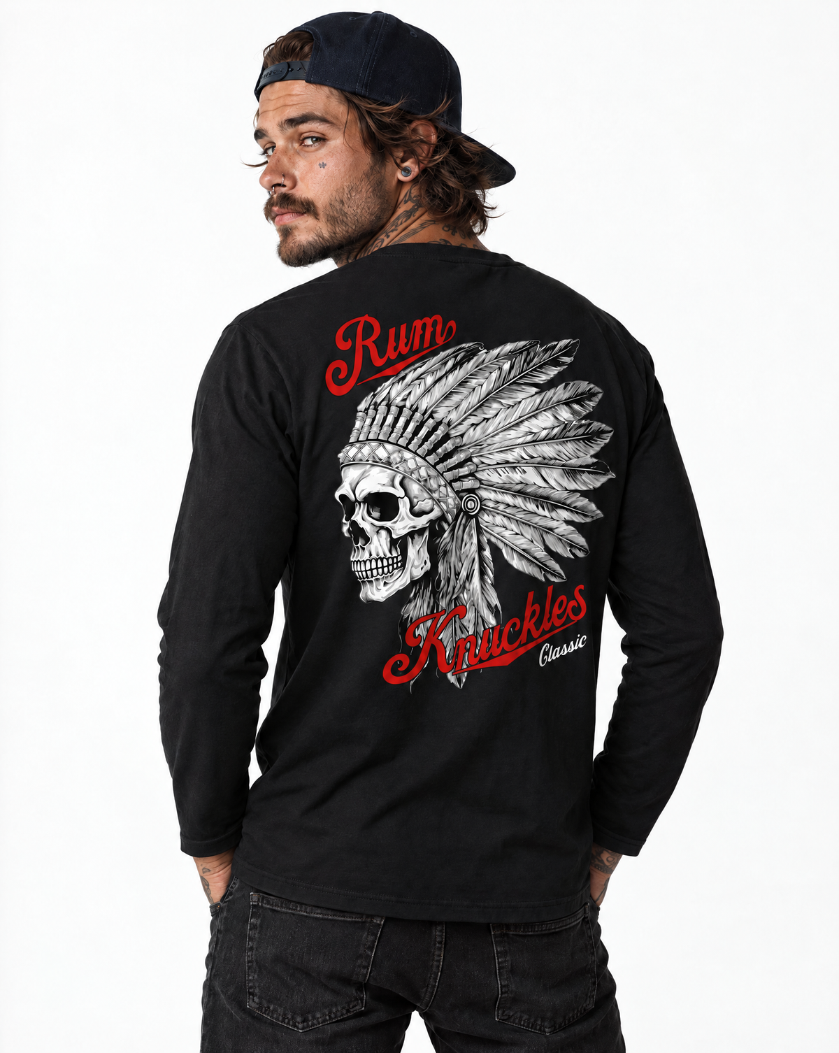 RUM KNUCKLES INDIAN SKULL Long Sleeve Tee - model back