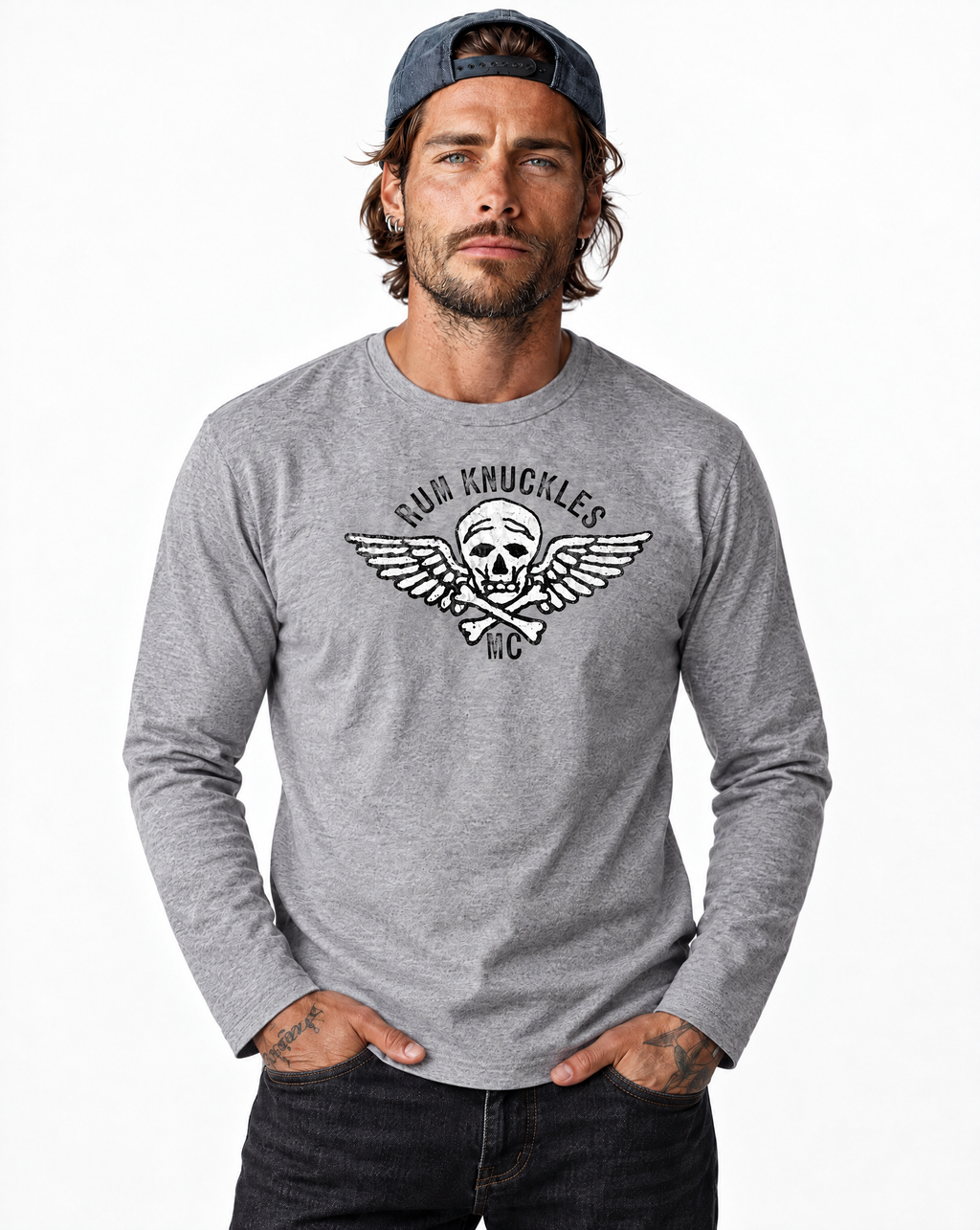 RUM KNUCKLES RK MOTO CREW Long Sleeve Tee - Heather Grey - model front