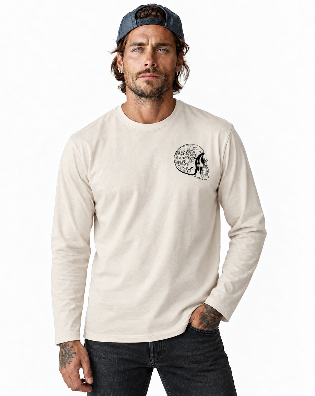 RUM KNUCKLES LIVE ONCE Long Sleeve Tee - Ecru - model front