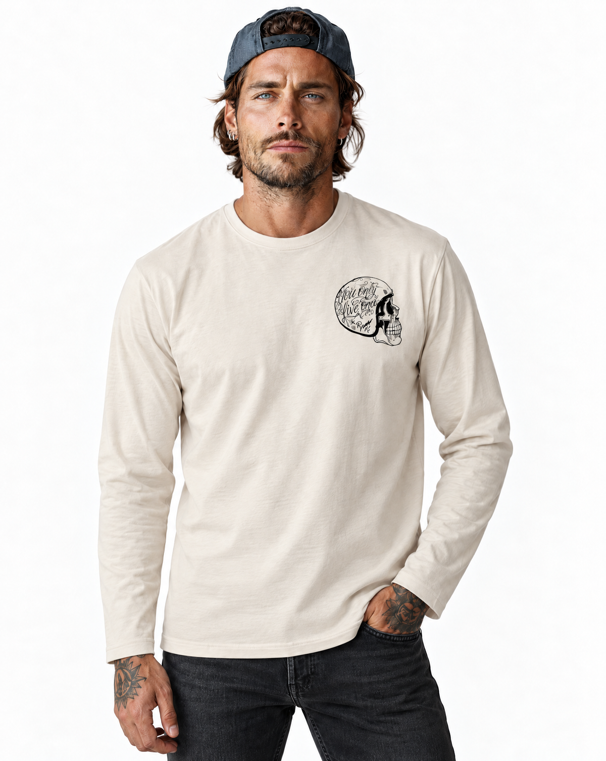 RUM KNUCKLES LIVE ONCE Long Sleeve Tee - Ecru - model front