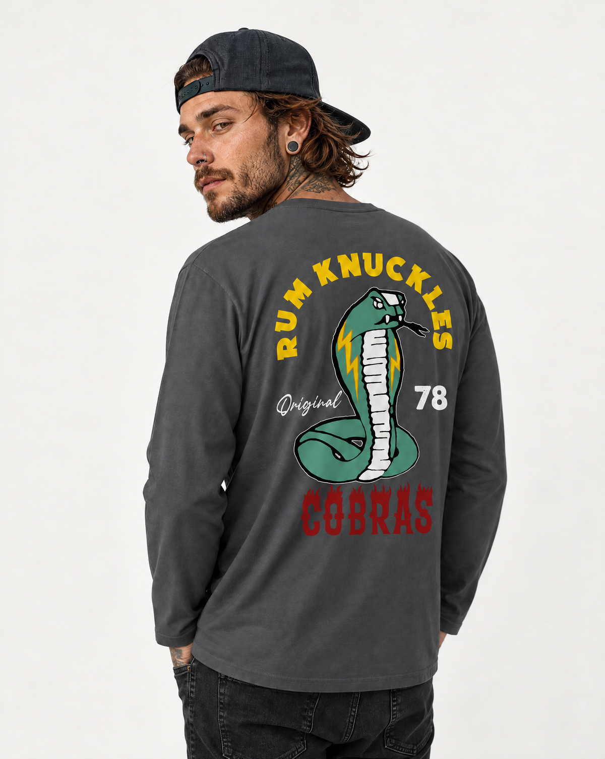 RUM KNUCKLES RK COBRAS Long Sleeve Tee - Charcoal - model back