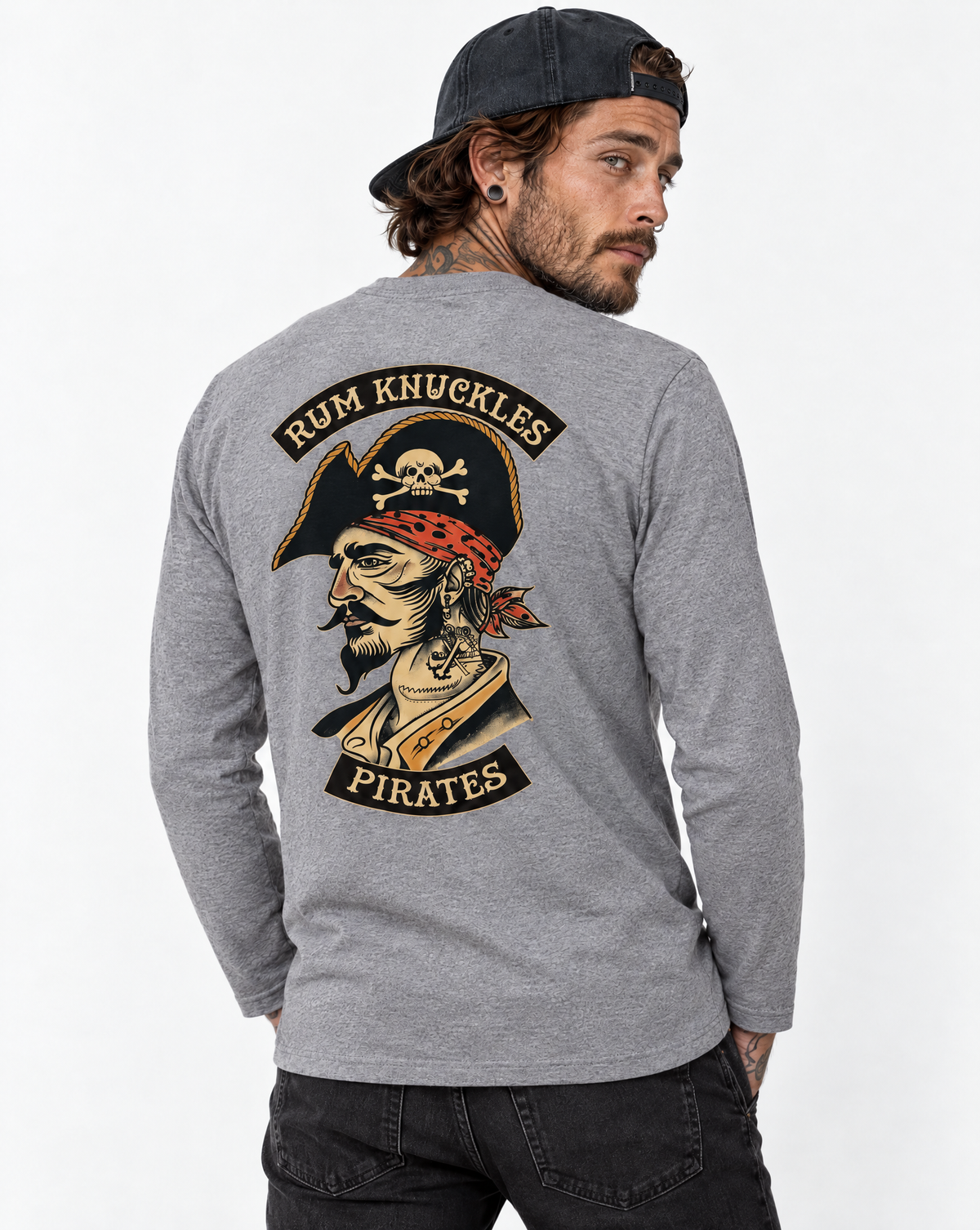 RUM KNUCKLES RK PIRATES Long Sleeve Tee - Heather Grey - model back