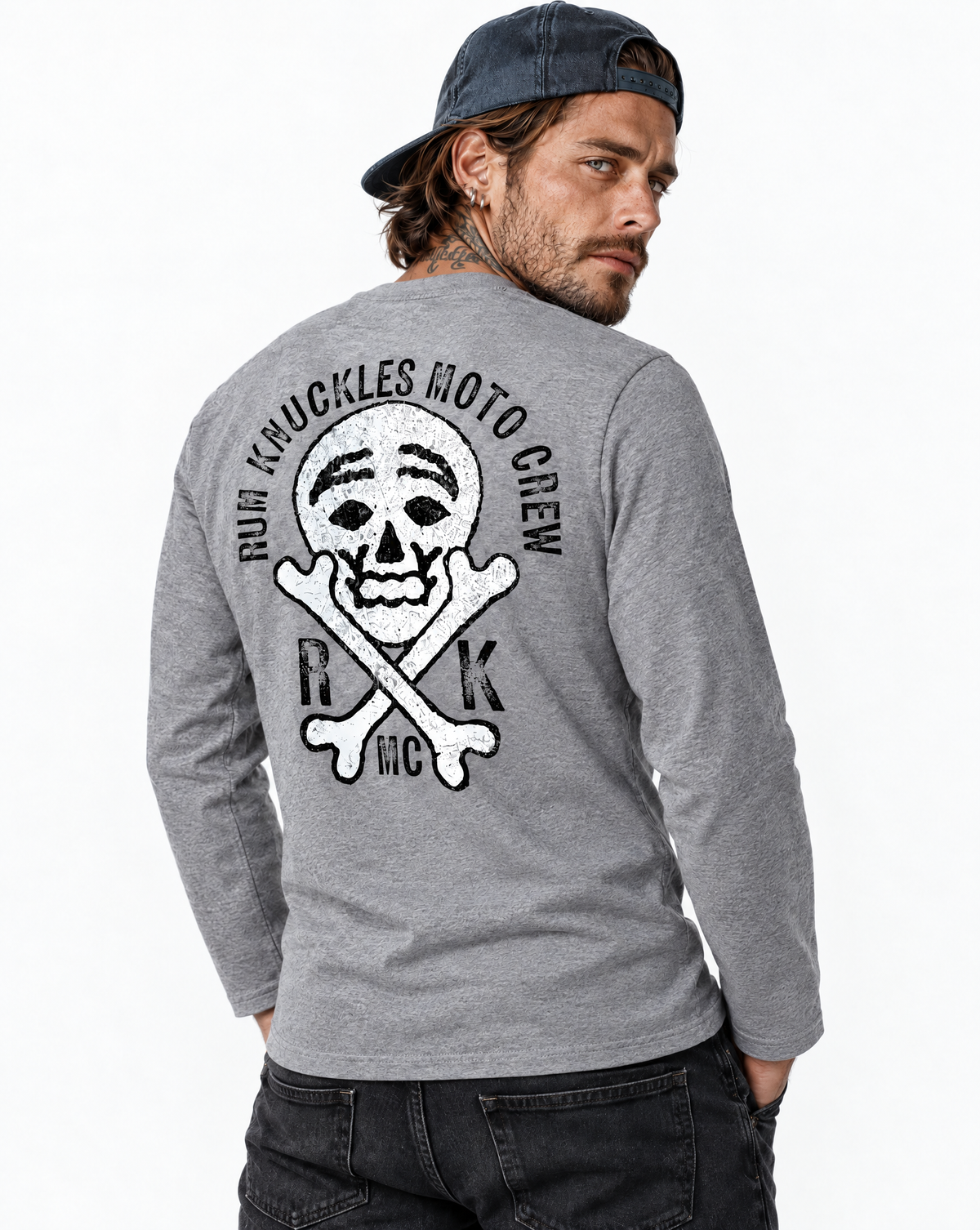 RUM KNUCKLES RK MOTO CREW Long Sleeve Tee - Heather Grey - model back