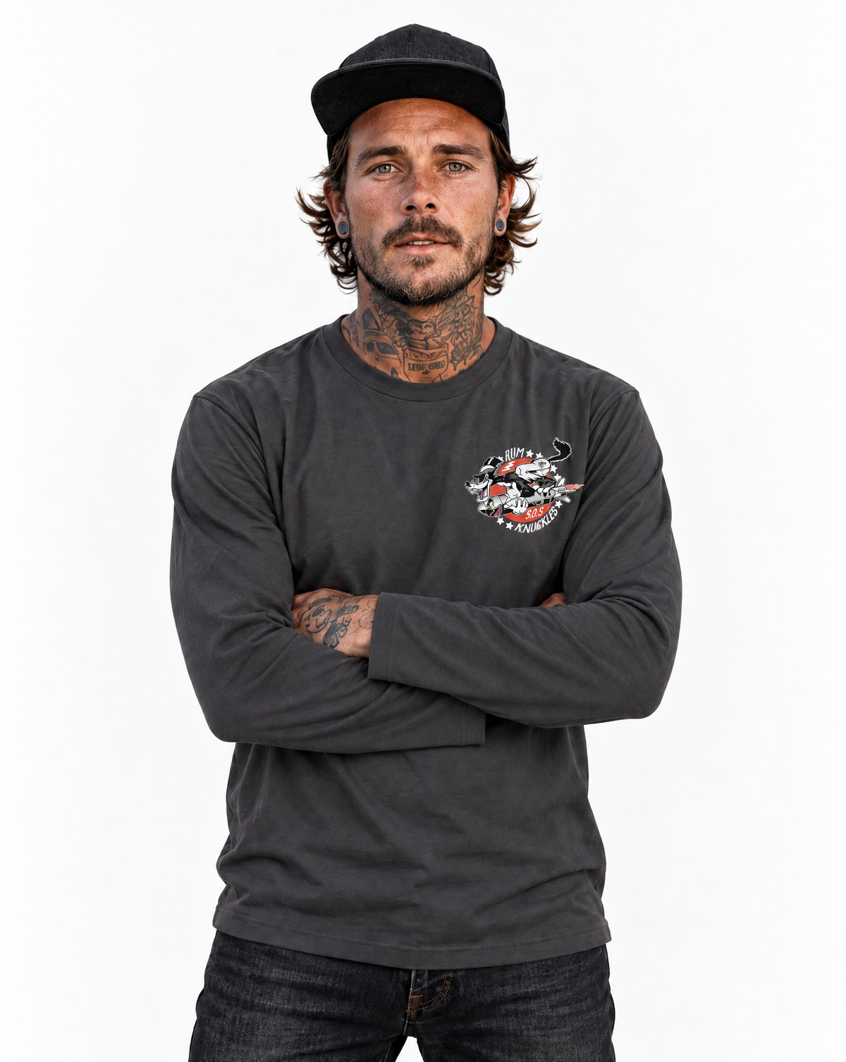 RUM KNUCKLES SPECIAL DELIVERY Long Sleeve Tee - Charcoal - model front