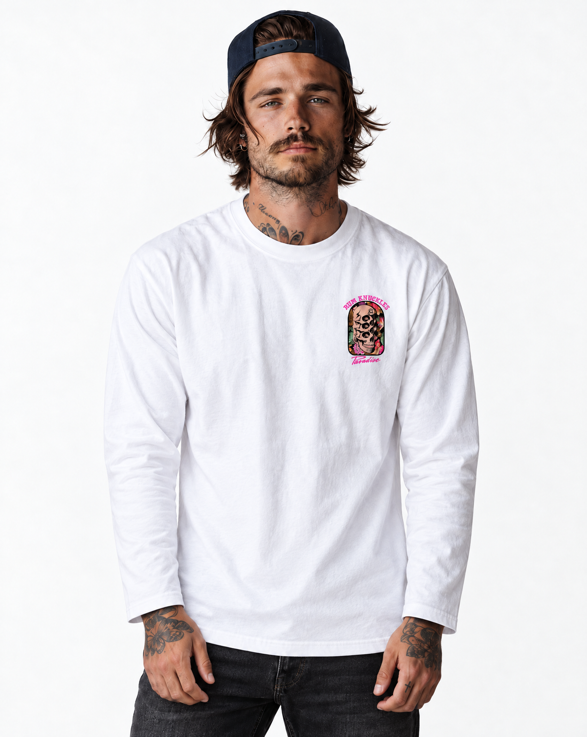 RUM KNUCKLES PARADISE SKULLS Long Sleeve Tee - White - model front