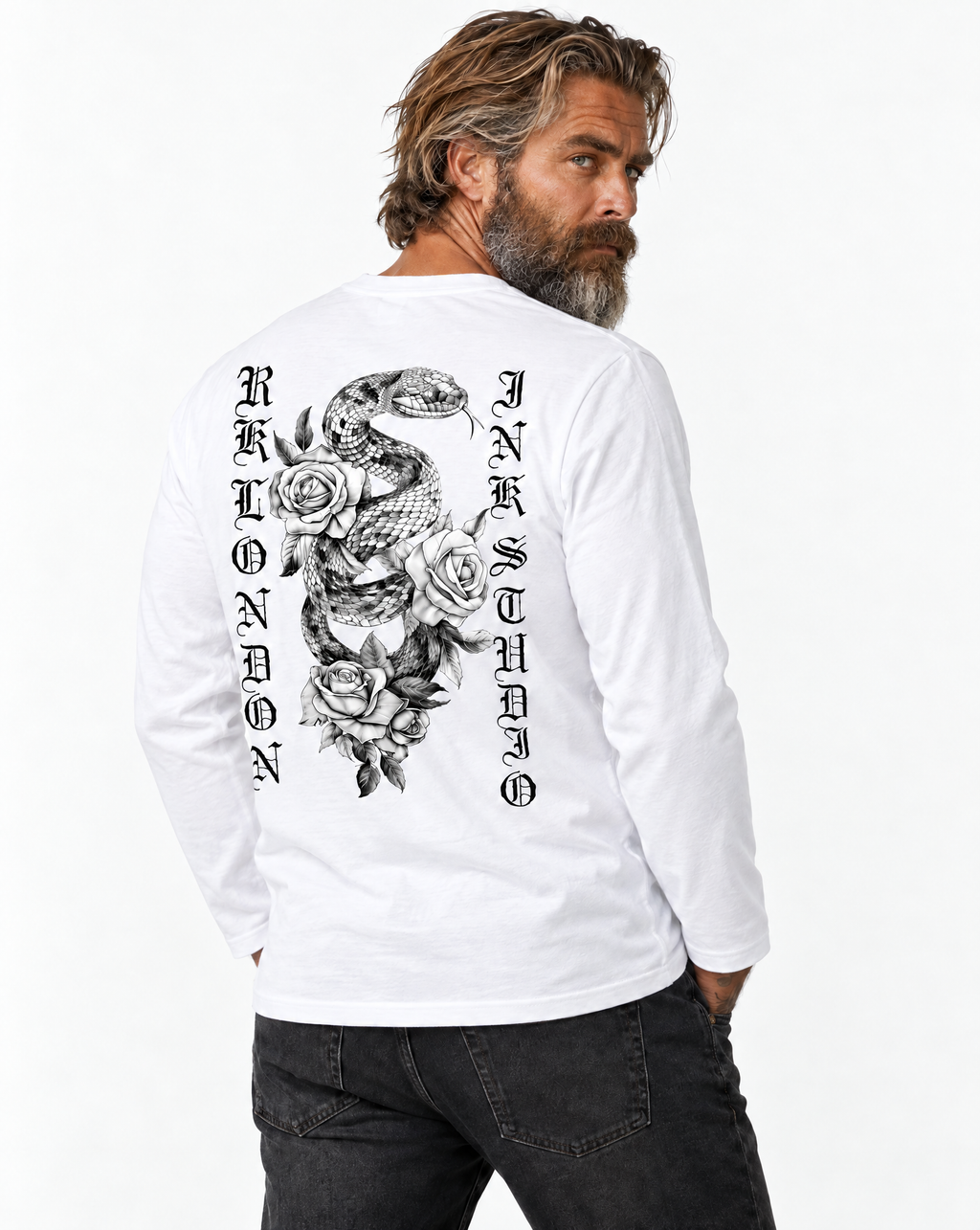 RUM KNUCKLES SNAKE INK Long Sleeve Tee - White - model back