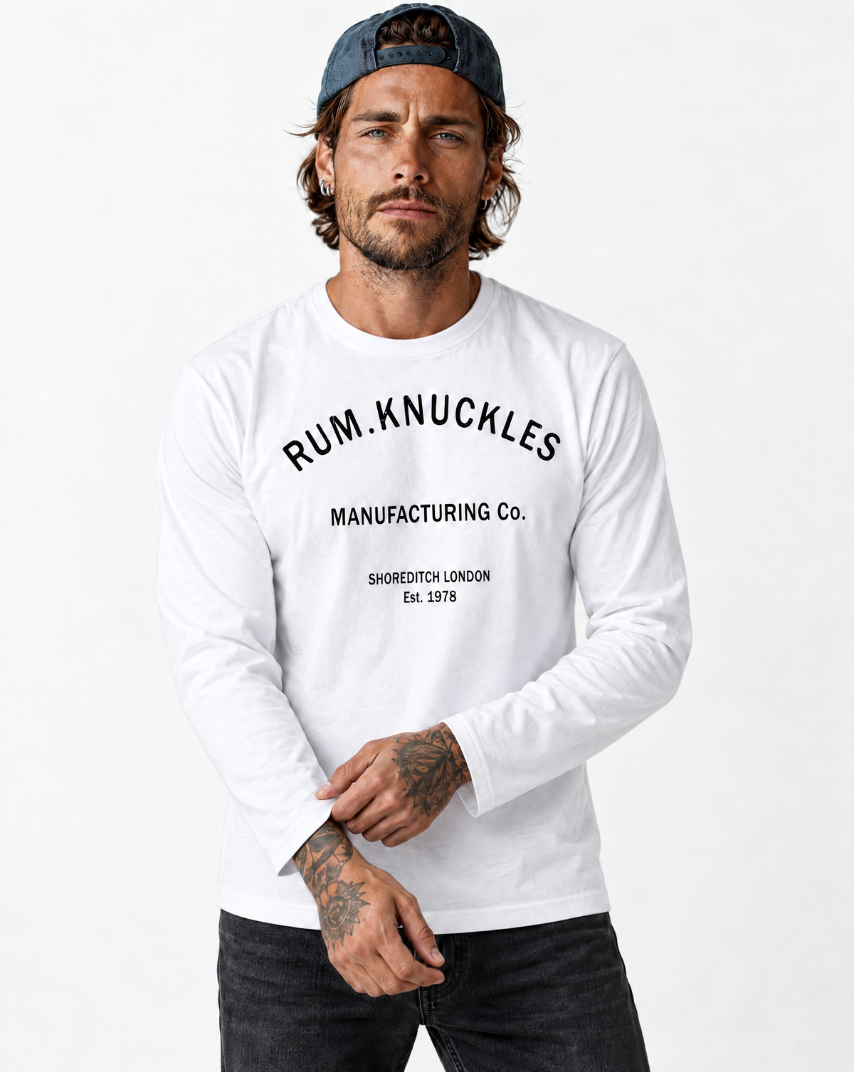 RUM KNUCKLES RK MANUFACTURING Long Sleeve Tee - White - model front