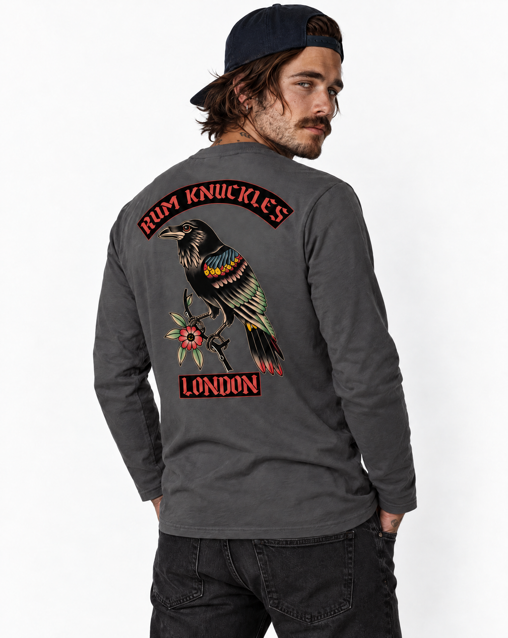 RUM KNUCKLES RVN TOWER Long Sleeve Tee - Charcoal - model back