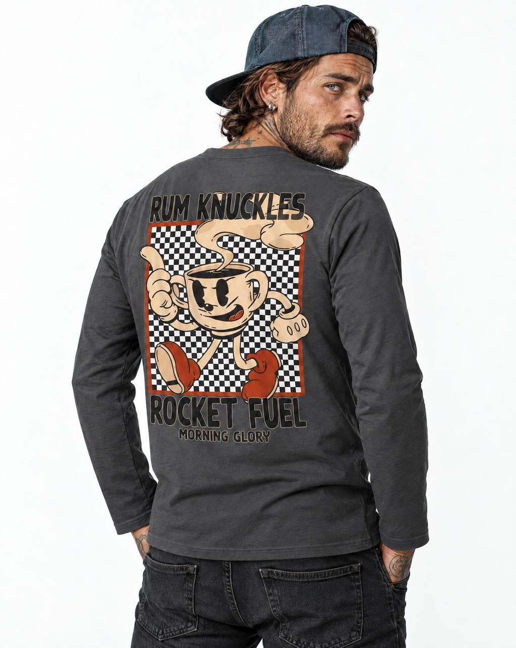 RUM KNUCKLES ROCKET FUEL Long Sleeve Tee - Charcoal - model back