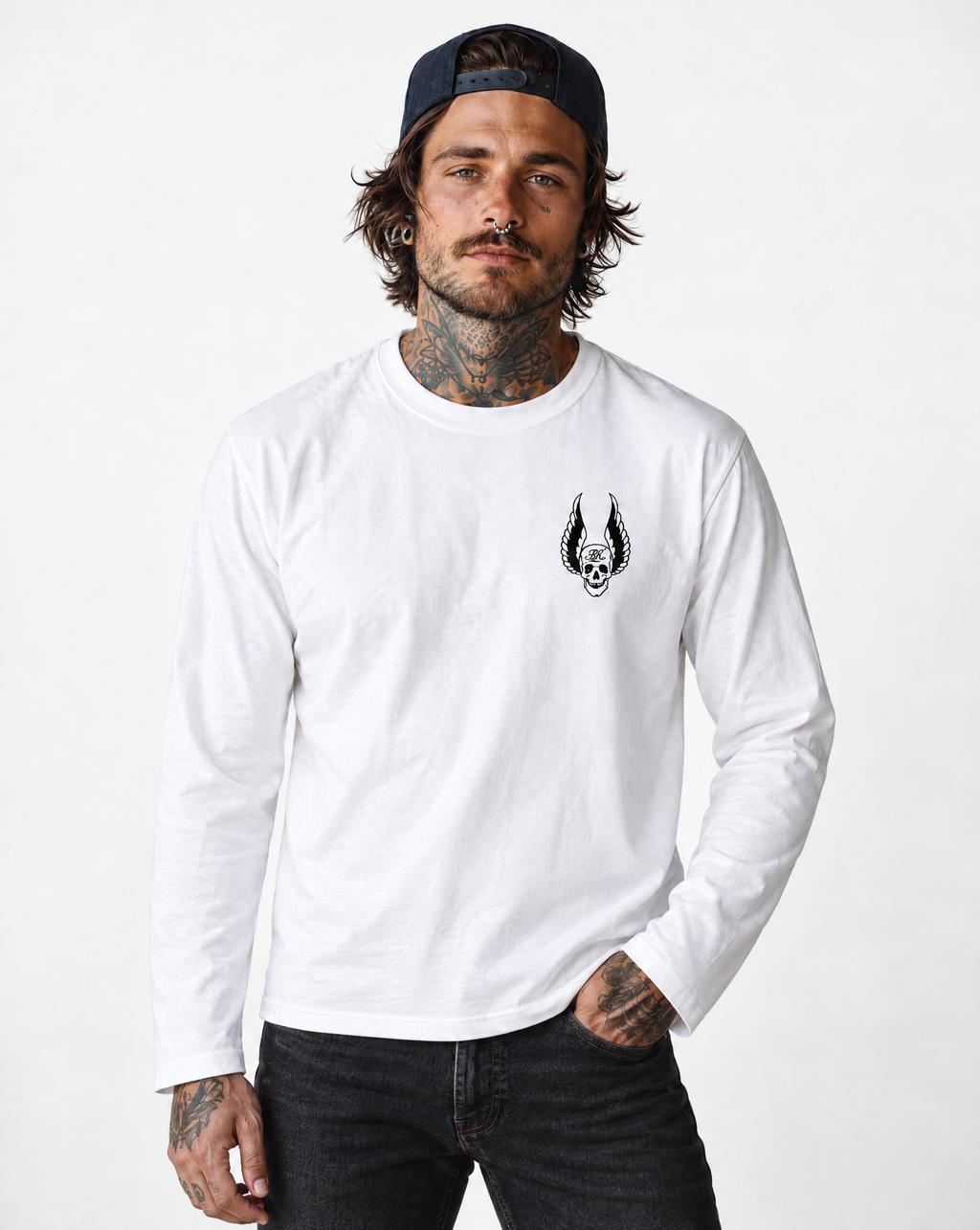 RUM KNUCKLES WINGS Long Sleeve Tee - White - model front