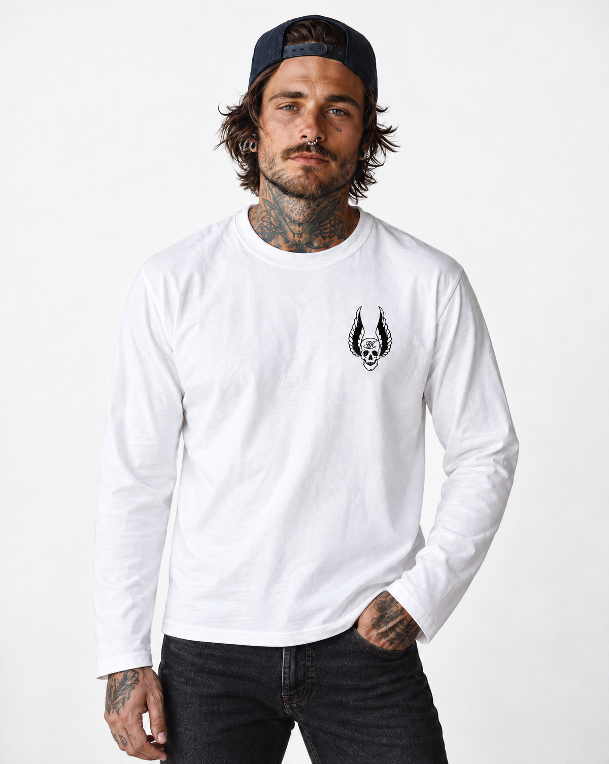 RUM KNUCKLES WINGS Long Sleeve Tee - White - model front