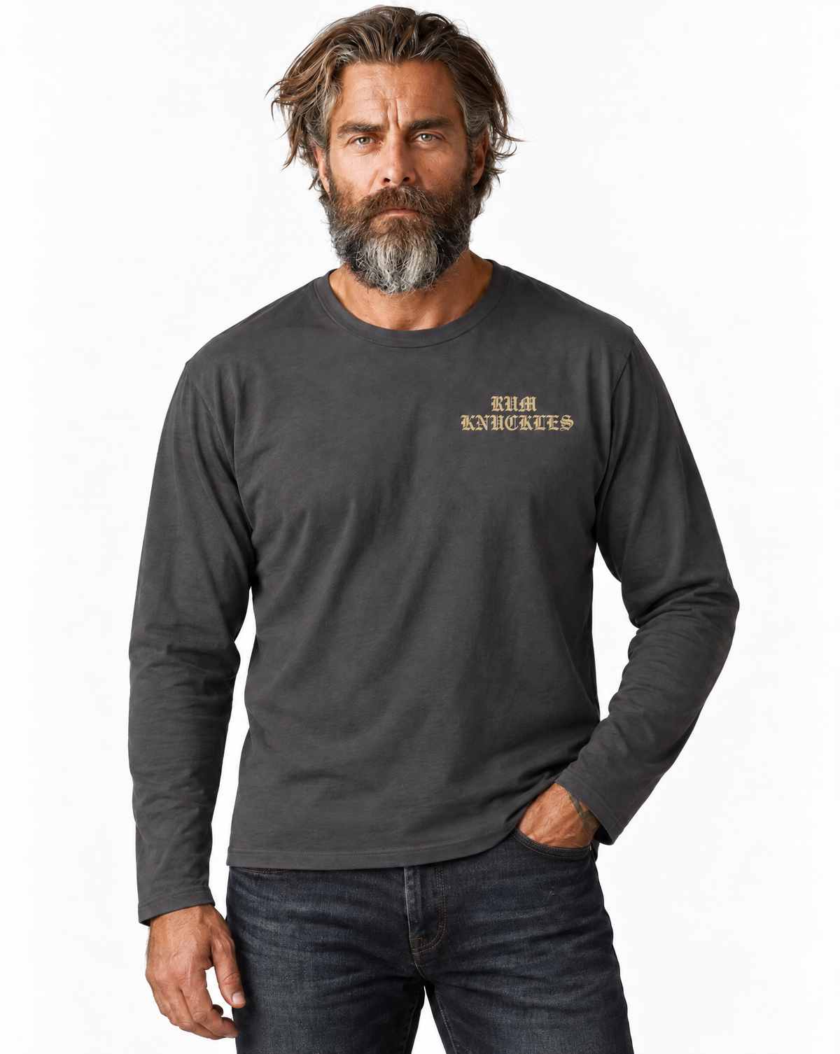 RUM KNUCKLES RK EAGLE BIKER Long Sleeve Tee - Charcoal - model front
