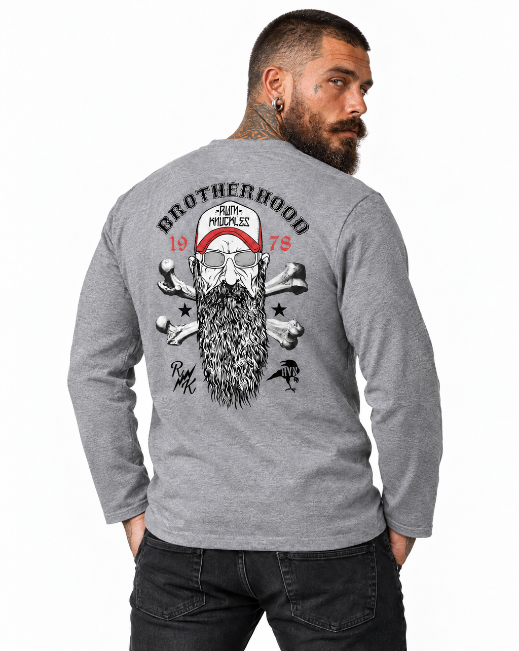 RUM KNUCKLES BROTHERHOOD Long Sleeve Tee - Heather Grey - model back