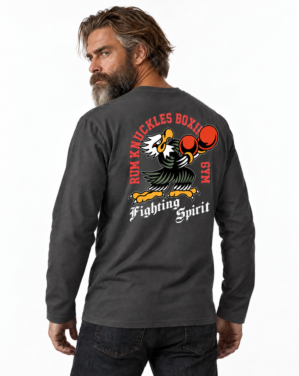 RUM KNUCKLES BOXING EAGLE Long Sleeve Tee - Charcoal - model back
