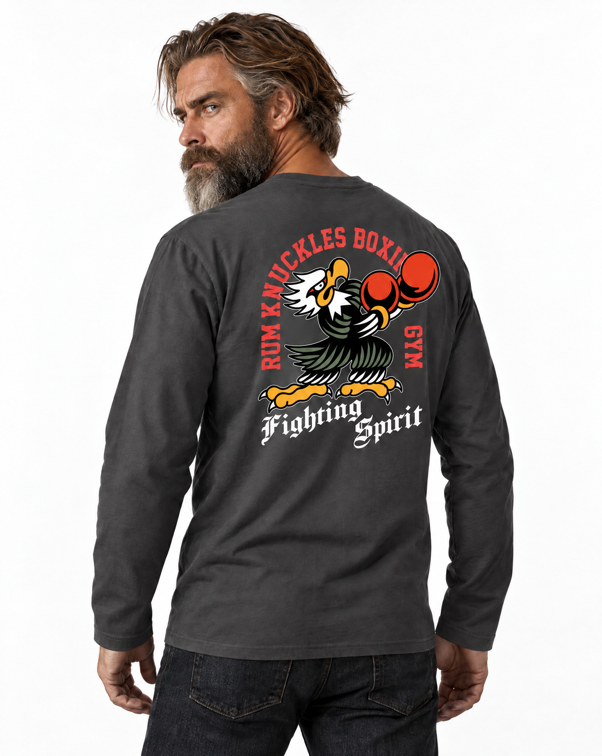 RUM KNUCKLES BOXING EAGLE Long Sleeve Tee - Charcoal - model back