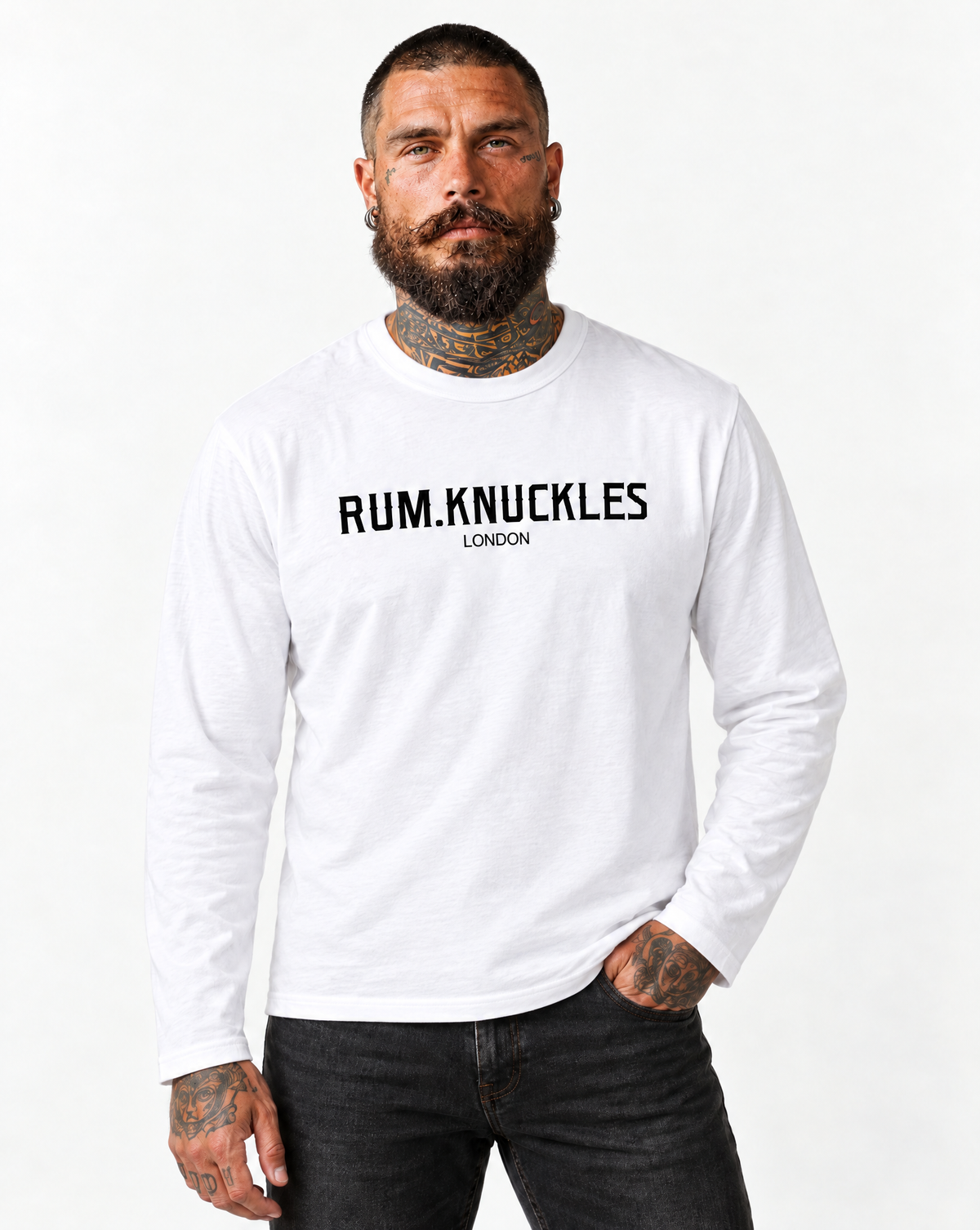 RUM KNUCKLES RK LONDON Long Sleeve Tee - White - model front