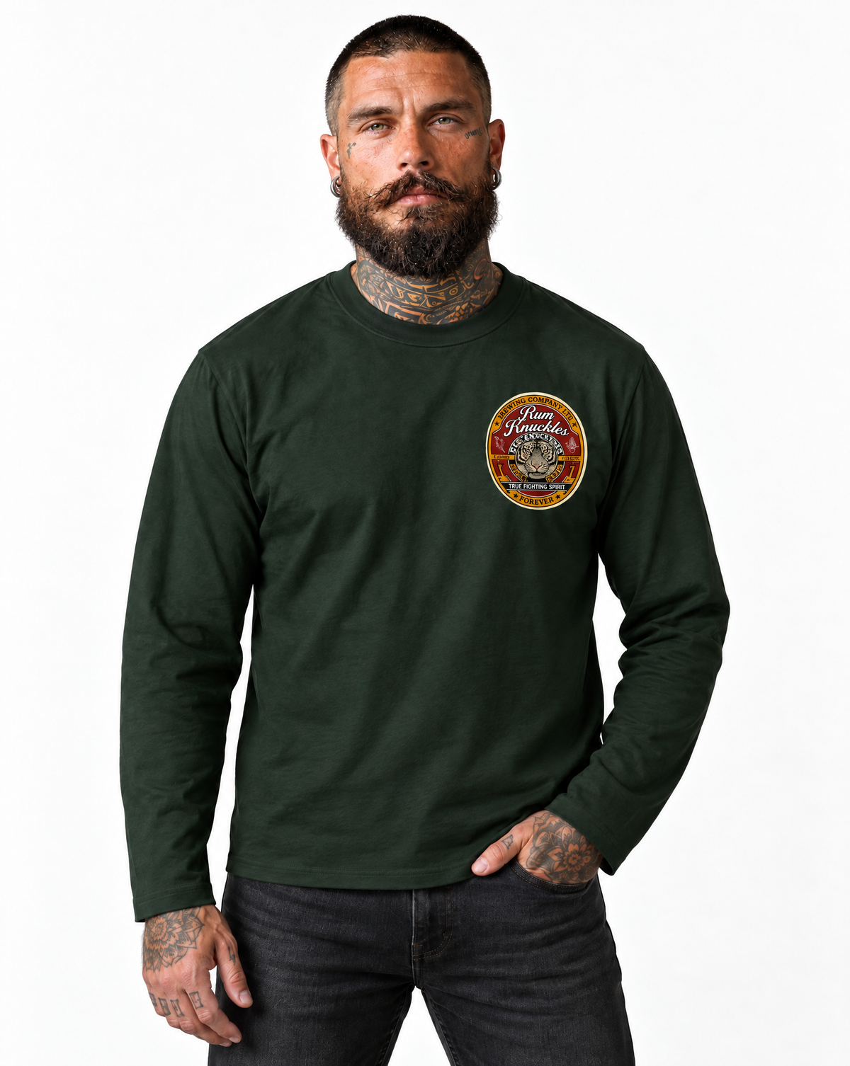 RUM KNUCKLES TRUE FIGHTING SPIRIT Long Sleeve Tee - Forest Green - model front