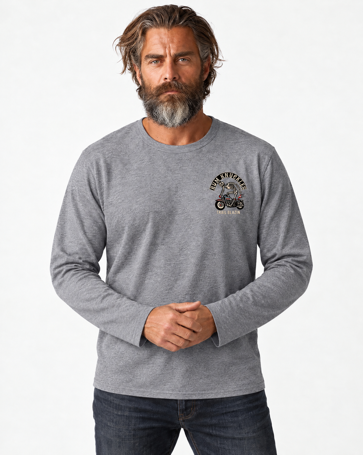 RUM KNUCKLES TRAIL BLAZIN Long Sleeve Tee - Heather Grey - model front