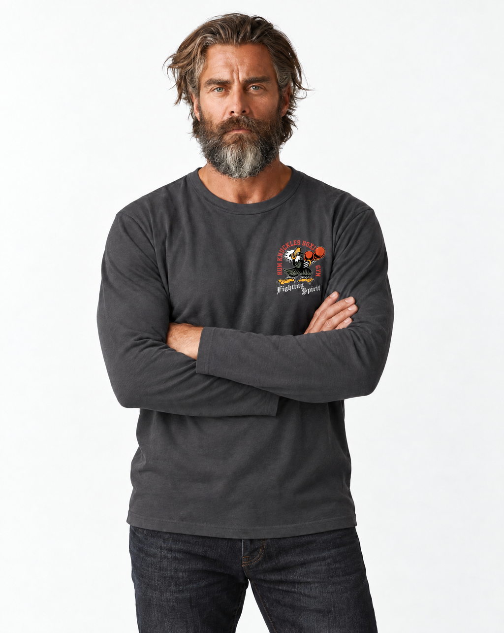 RUM KNUCKLES BOXING EAGLE Long Sleeve Tee - Charcoal - model front