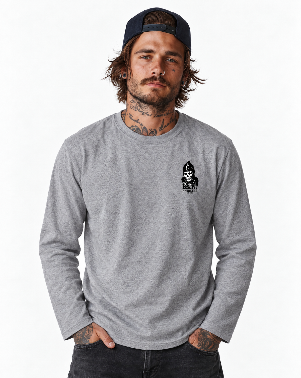 RUM KNUCKLES MIS RK FIT SKULL Long Sleeve Tee - Heather Grey - model front