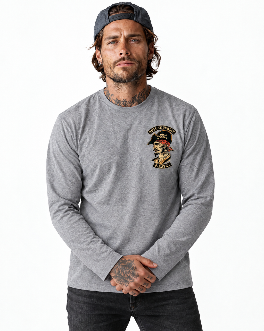 RUM KNUCKLES RK PIRATES Long Sleeve Tee - Heather Grey - model front