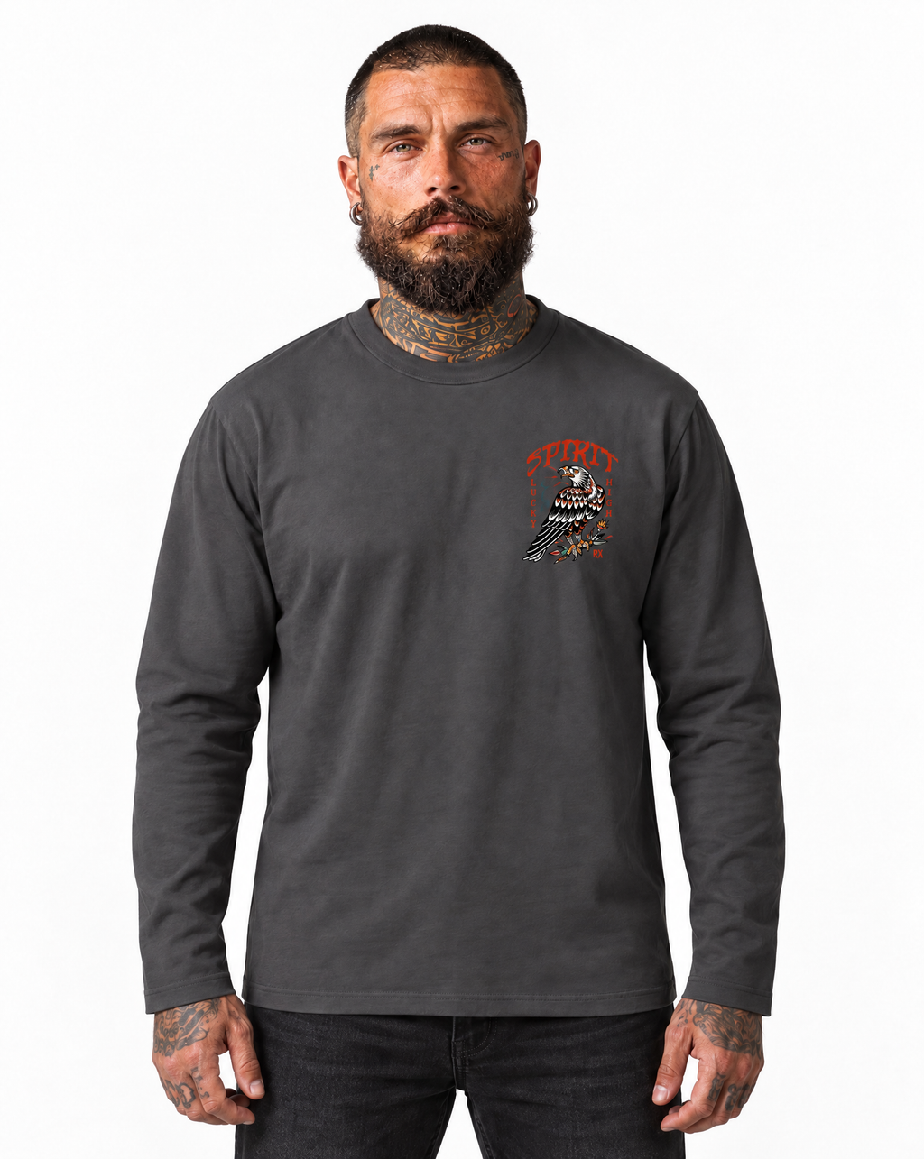 RUM KNUCKLES EAGLE SPIRIT Long Sleeve Tee - Charcoal - model front