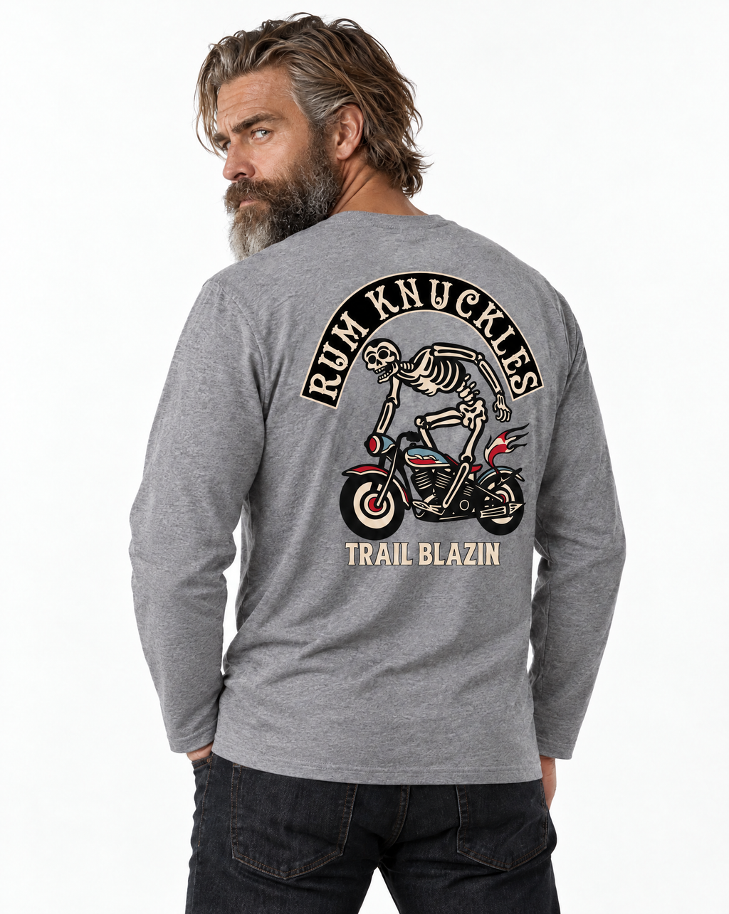 RUM KNUCKLES TRAIL BLAZIN Long Sleeve Tee - Heather Grey - model back