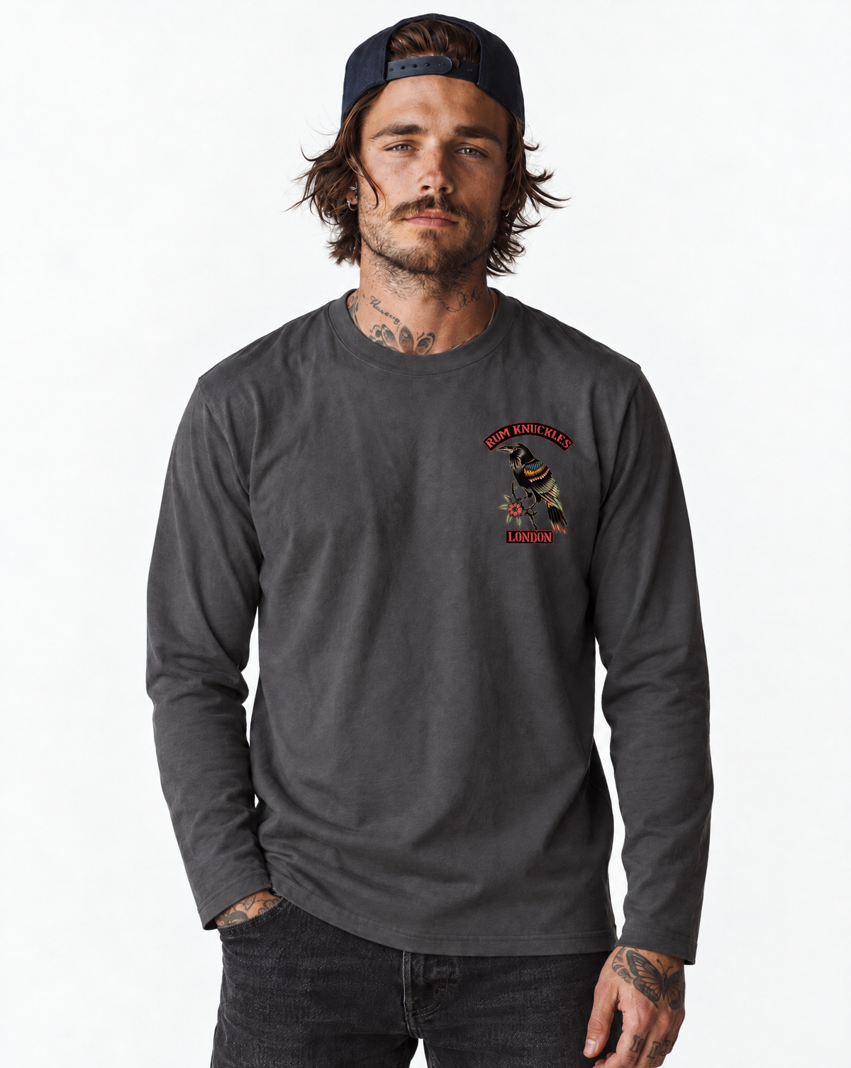 RUM KNUCKLES RVN TOWER Long Sleeve Tee - Charcoal - model front