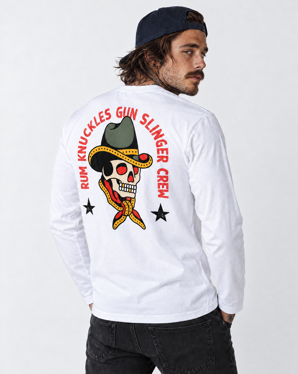 RUM KNUCKLES GUNSLINGER Long Sleeve Tee - White - model back