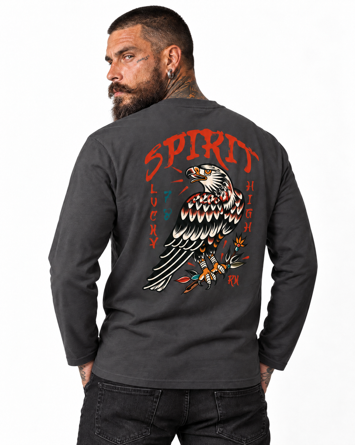 RUM KNUCKLES EAGLE SPIRIT Long Sleeve Tee - Charcoal - model back