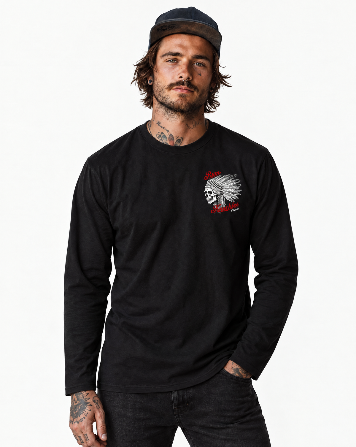 RUM KNUCKLES INDIAN SKULL Long Sleeve Tee - model front