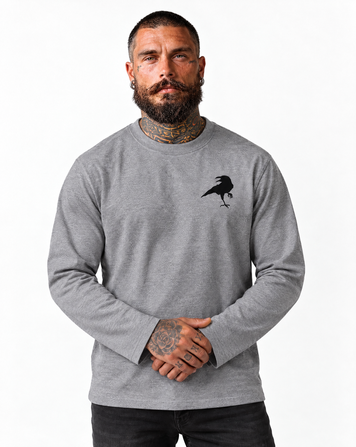 RUM KNUCKLES RAVEN CORVUS Long Sleeve Tee - Heather Grey - model front
