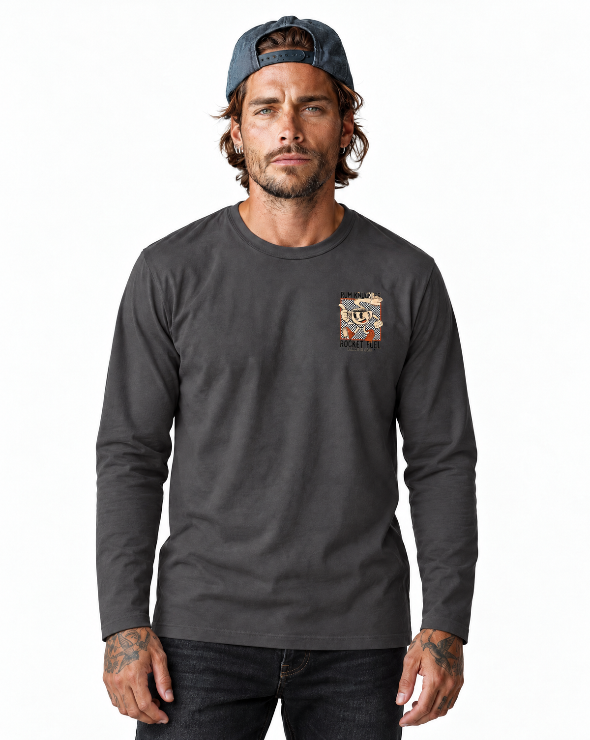 RUM KNUCKLES ROCKET FUEL Long Sleeve Tee - Charcoal - model front