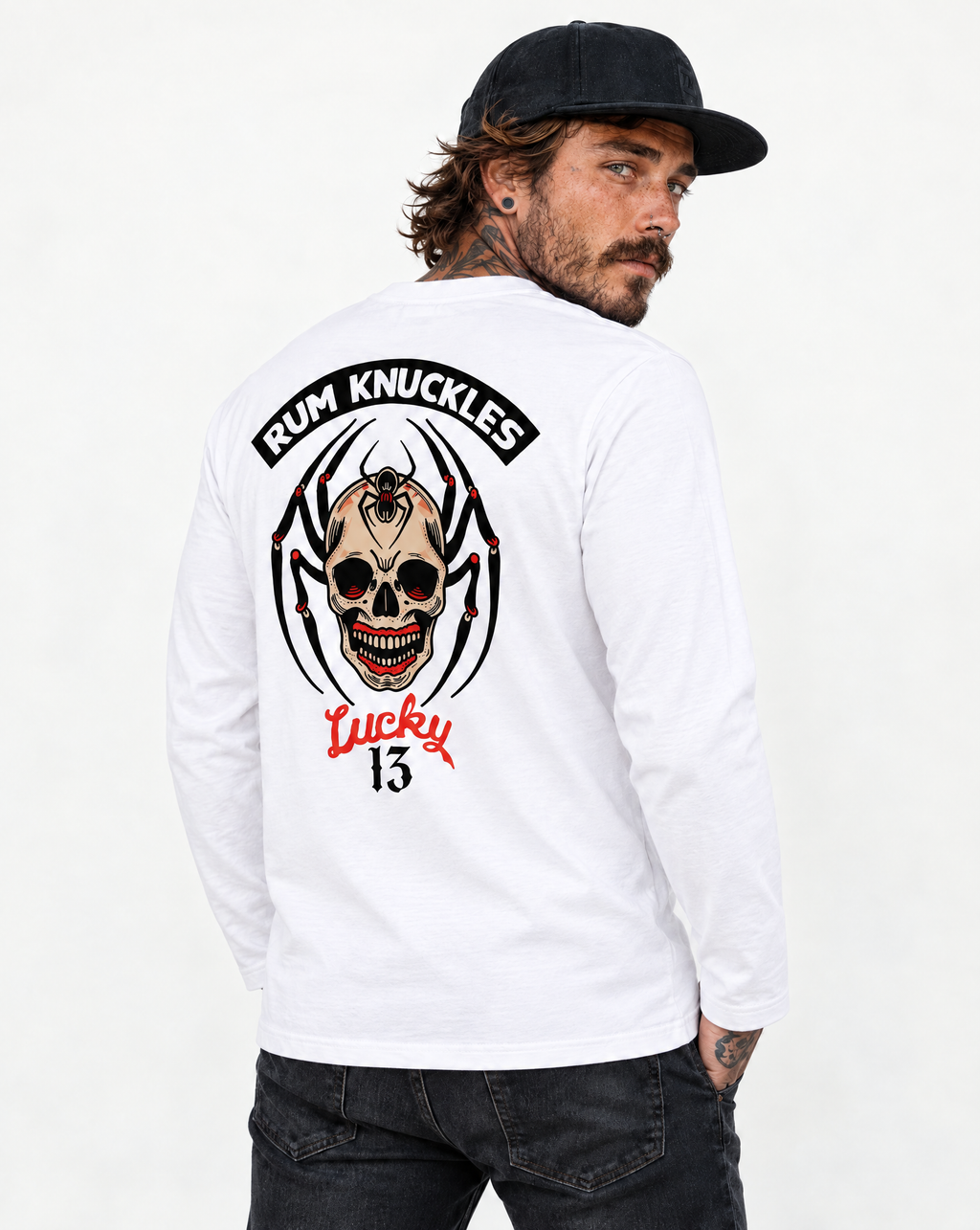RUM KNUCKLES SPIDER 13 Long Sleeve Tee - White - model back
